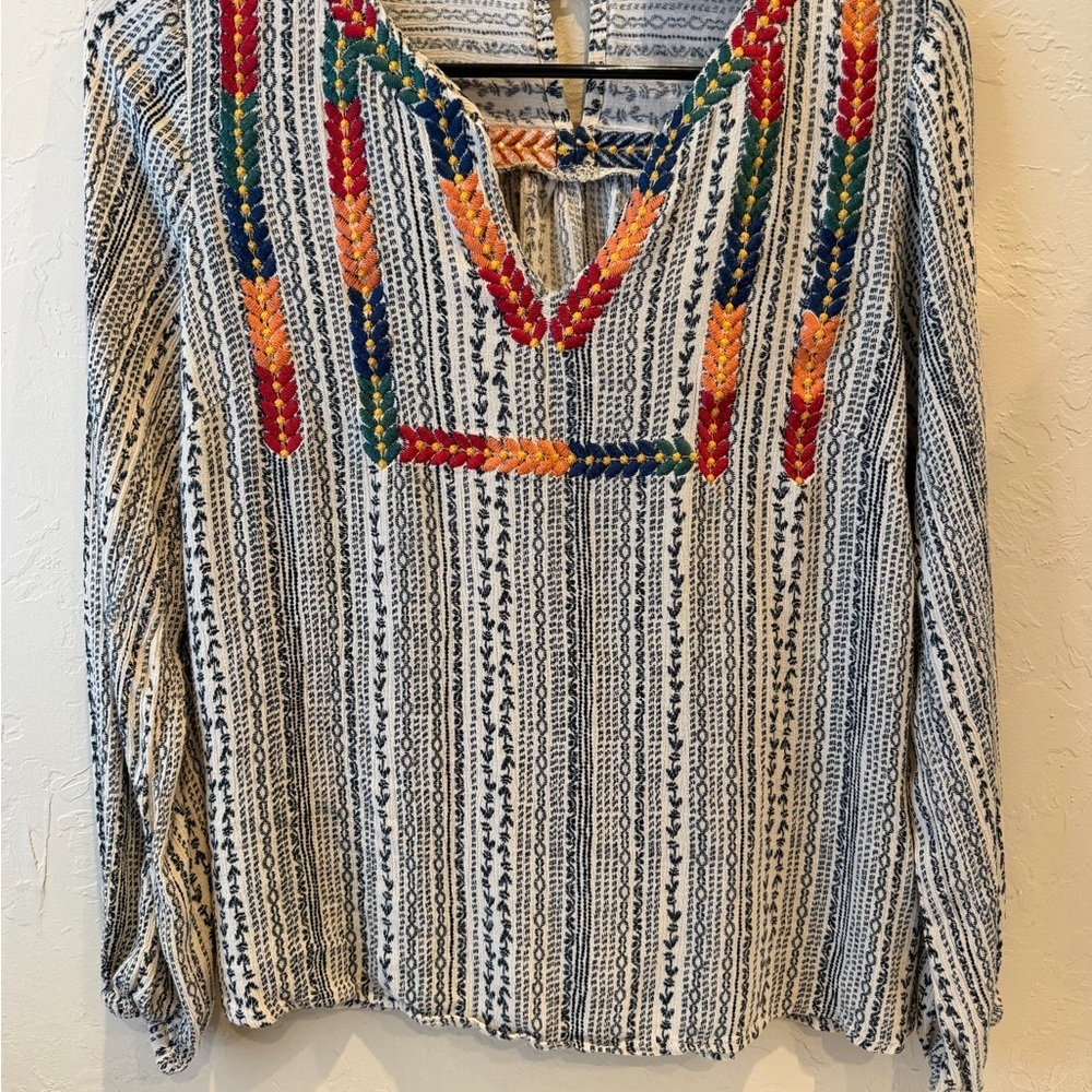 Savanna Jane Shirt Women S Off White Lux Boho Geometric Stripe Embroidered Tunic